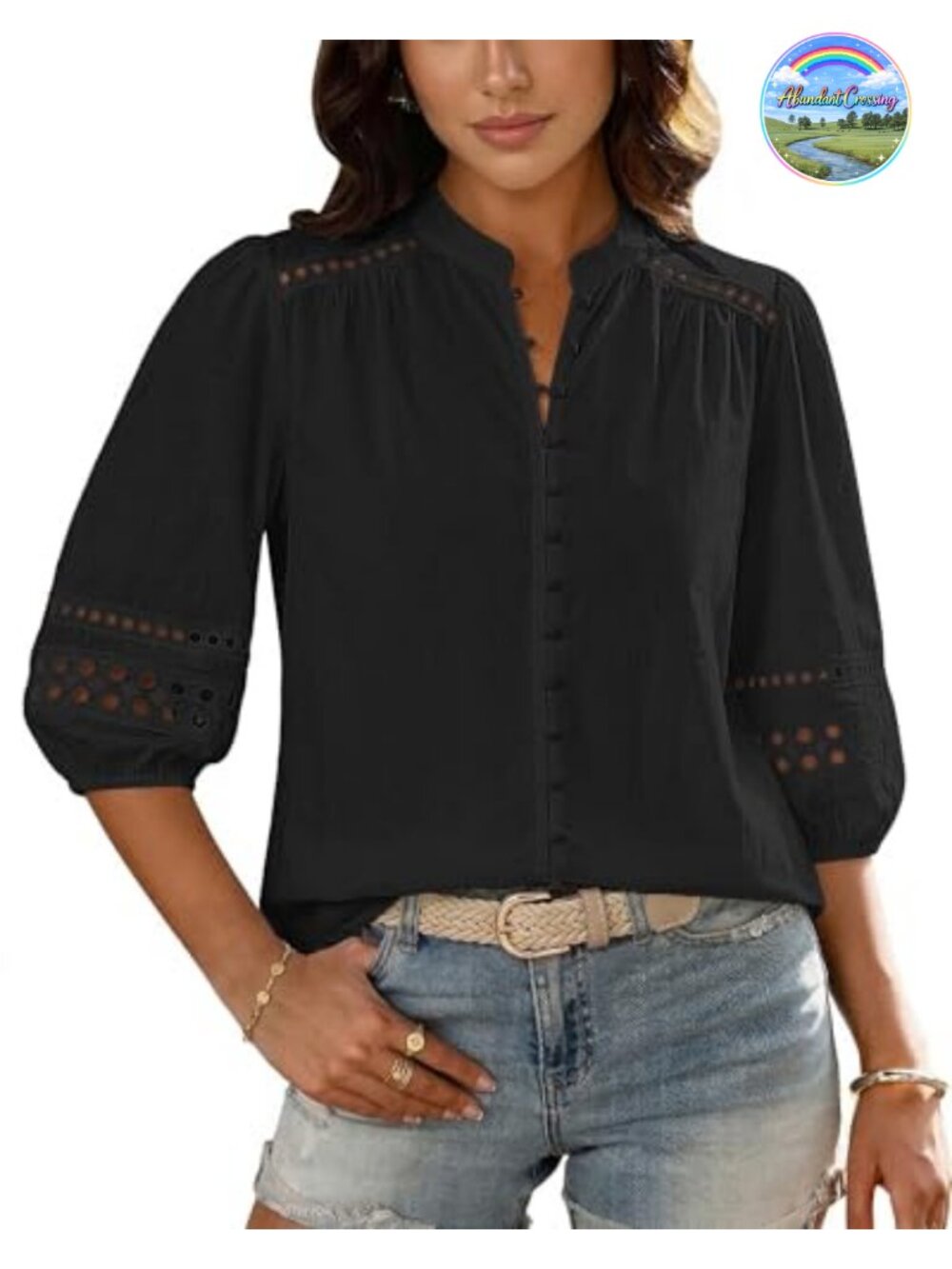 Cotton Eyelet Button Down Blouse 3/4 Puff Sleeve Boho Mandarin Collar